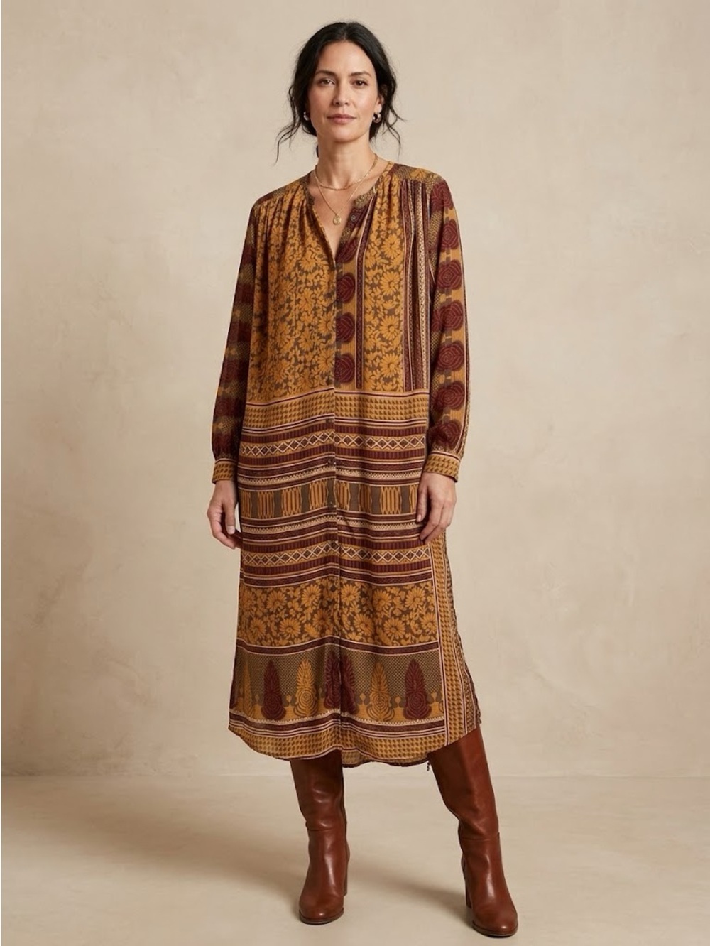 GURU 100% Pure Silk Kaftan High Low Maxi Dress S/M Paisley Floral Block Print